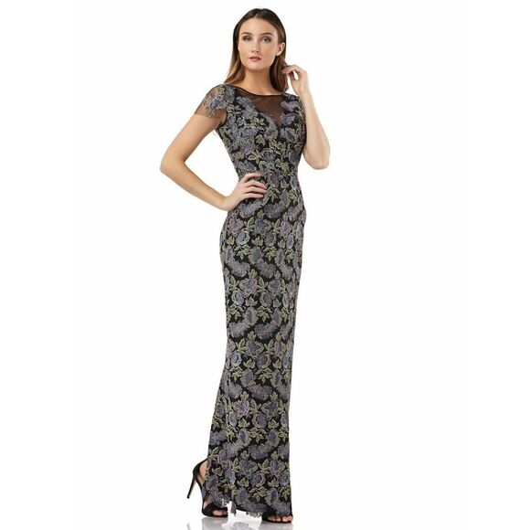 New! JS COLLECTIONS Women's Metallic Floral Embroidered Gown Dress Cap Sleeve - Picture 1 of 5